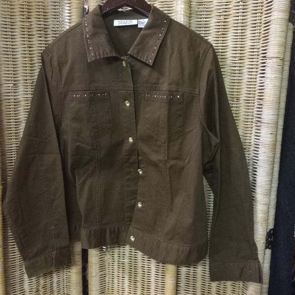 Selene Sport Jacket Olive Green Denim Rhinestones Buttons & Embellishments L/14 - Picture 1 of 8